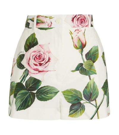 Dolce & Gabbana Tropical Rose Printed Shorts In White