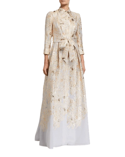 Rickie Freeman For Teri Jon Metallic Brocade Shirtdress Gown In Gold