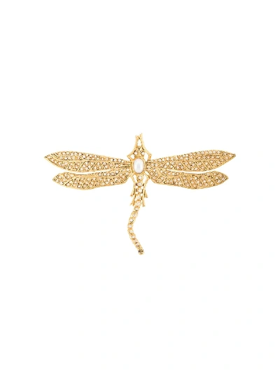 Oscar De La Renta Pearly Crystal Pave Dragonfly Brooch In Gold