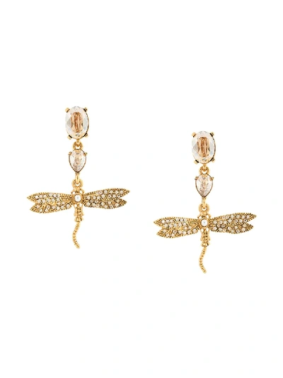 Oscar De La Renta Pearly Crystal Pave Dragonfly Drop Earrings In Gold