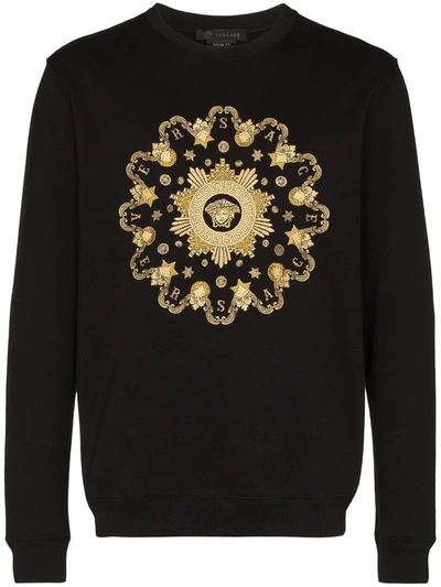 Versace Logo-embroidered Fleece-back Cotton-jersey Sweatshirt In Black