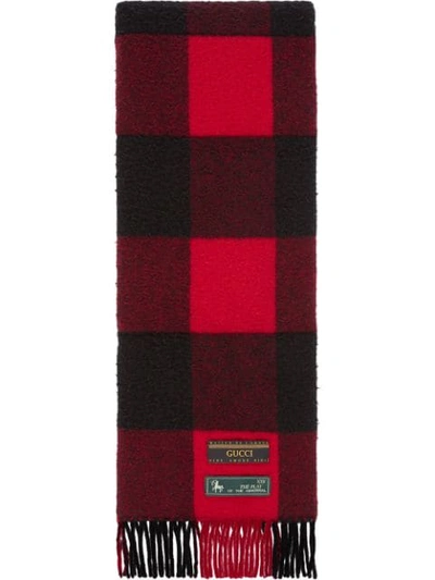 Gucci Fringed Padded Checked Wool Scarf In Red