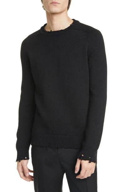 Saint Laurent Distressed Crewneck Sweater In Black
