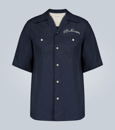 Alexander Mcqueen Camp-collar Logo-embroidered Voile Shirt In Blue