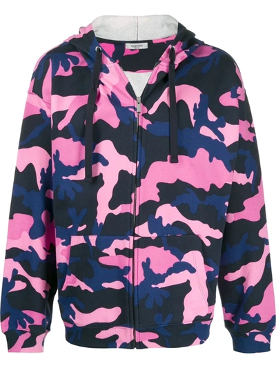 Valentino Camouflage-print Loopback Cotton-blend Jersey Zip-up Hoodie In Pink