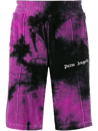 Palm Angels Striped Tie-dyed Cotton-blend Velour Shorts In Purple