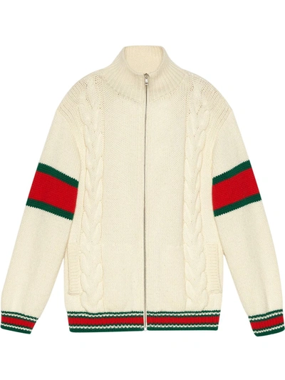 Gucci Cable Knit Web Stripe Cardigan In Neutrals