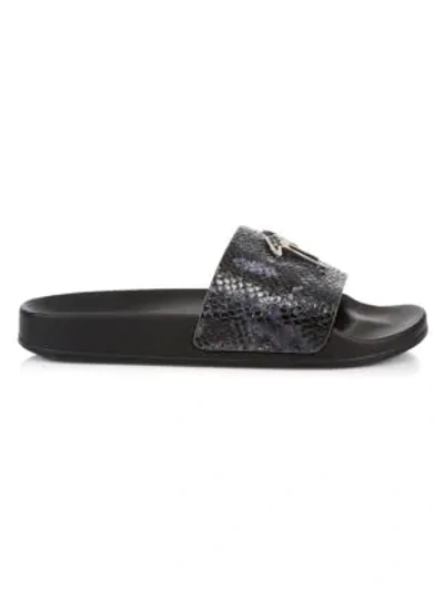 Giuseppe Zanotti Men's Snake-embossed Leather Logo Slide Sandals In Gray