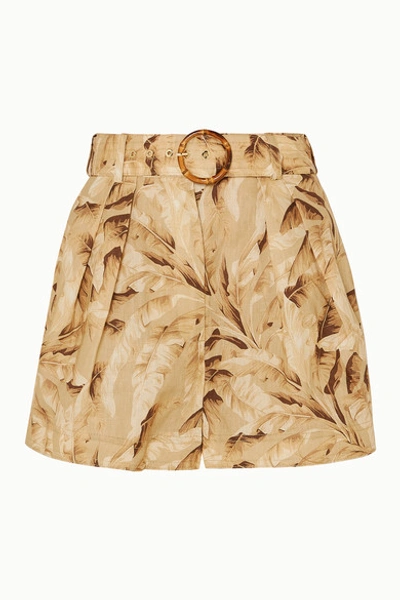 Zimmermann Super Eight Belted Leaf-print Linen Shorts In Tpalm
