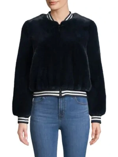 Belle Fare Faux Fur Baseball Jacket In Navy