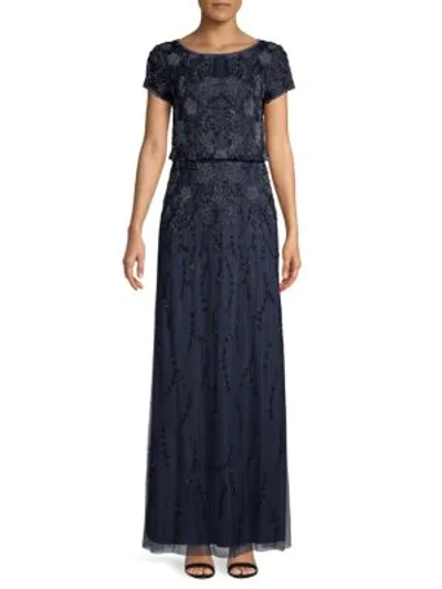 Adrianna Papell Embellished Beaded Gown In Navy