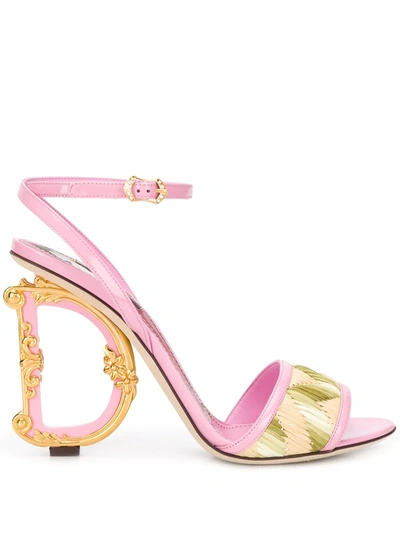 Dolce & Gabbana Embellished Heel Leather And Raffia Sandals In Pink