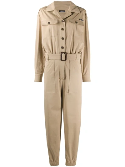 Dolce & Gabbana Belted Stretch-cotton Jumpsuit In Neutral