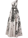 Marchesa Notte One Shoulder Printed Metallic Jacquard  Gown In Blush