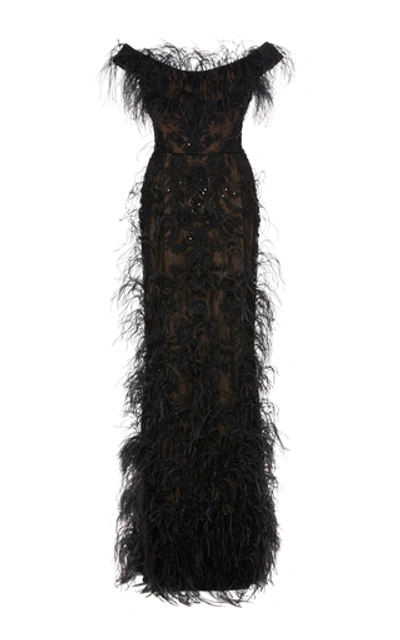 Marchesa Off-the-shoulder Feather And Crystal-embellished Embroidered Tulle Gown In Black