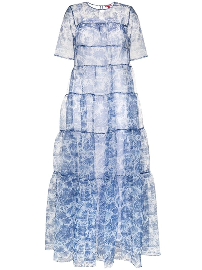 Staud Hyacinth Tiered Printed Crinkled-organza Maxi Dress In Blue