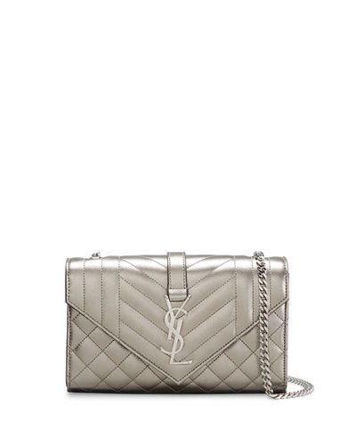 Saint Laurent Small Ysl Monogram Metallic Leather Satchel Bag In Gray Metallic