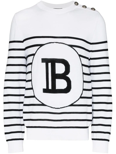 Balmain B-intarsia Striped Cotton Sweater In White