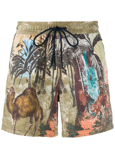 Etro Camel-print Drawstring Swim Shorts In Brown