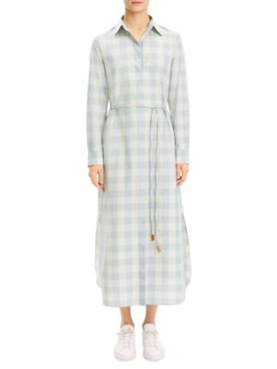 Theory Fuji Check Belted Shirtdress In Blue Stream