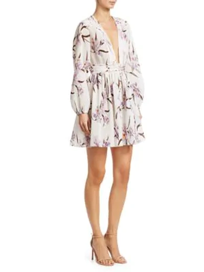 Zimmermann Corsage Plisse Orchid-print Mini Dress In Ivory Lilac