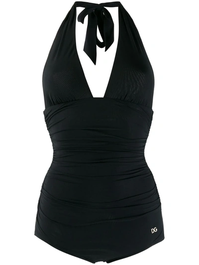 Dolce & Gabbana Deep V-neck Halterneck Swimsuit In Black