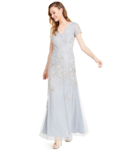 Adrianna Papell Embellished Short-sleeve Trumpet Gown In Light Blue
