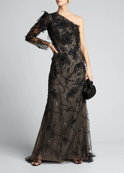 J Mendel One-shoulder Embroidered Gown In Black