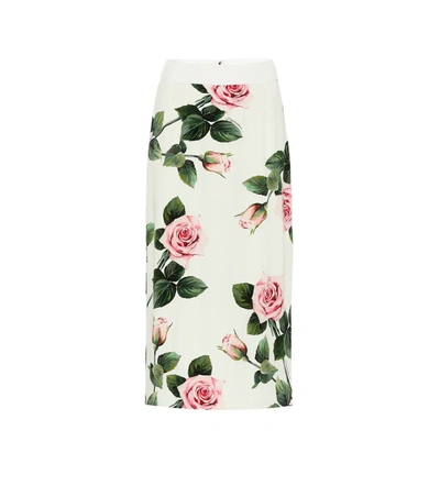 Dolce & Gabbana Charmeuse Floral-print Midi Skirt In White,pink,green
