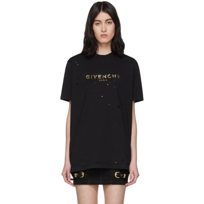 Givenchy Black & Gold Distressed Logo T-shirt In Blackgold