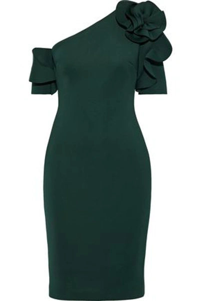 Badgley Mischka One-shoulder Floral-appliquéd Neoprene Dress In Emerald