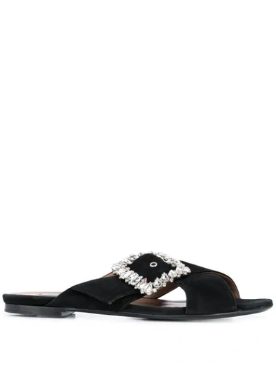 Tabitha Simmons Leni Crystal-buckle Suede Slides In Black