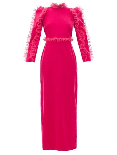 Givenchy Organza-ruffle Long-sleeve Velvet Gown In Purple