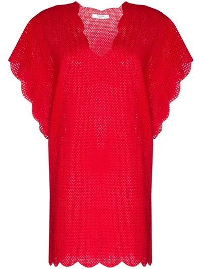 Marysia Shelter Island Scalloped Perforated Cotton Mini Dress In Red