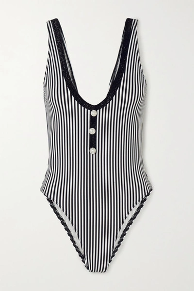 Leslie Amon Rita Embellished Striped Seersucker Swimsuit In Black