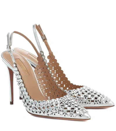 Aquazzura Tequila 105 Crystal Embellished Metallic Leather Slingback Pumps In Silver Modesens