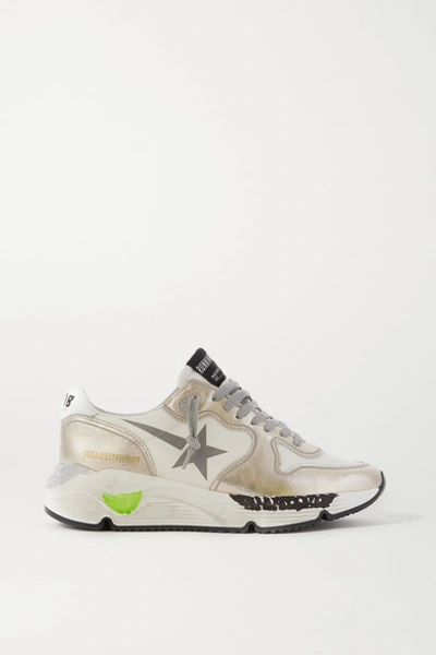 Golden Goose Running Sole Distressed Metallic Leather Sneakers In White