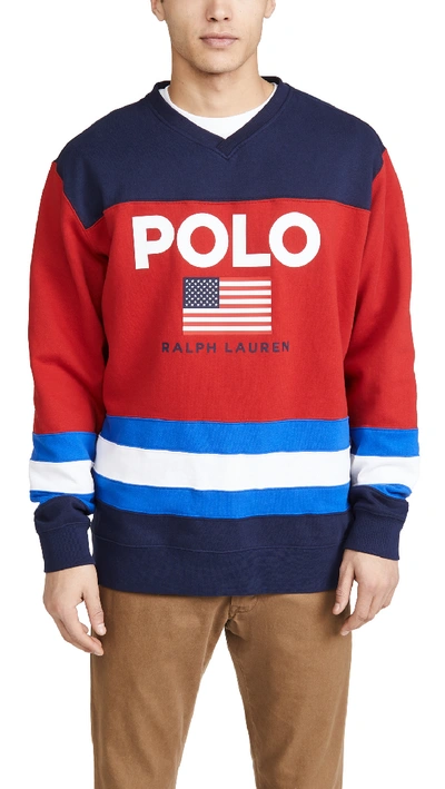 Polo Ralph Lauren Logo-print Colour-block Fleece-back Cotton-blend Jersey Sweatshirt In Cruise Navy Multi