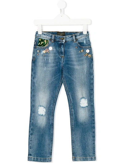 Dolce & Gabbana Kids' Distressed Embellished Jeans In Blue