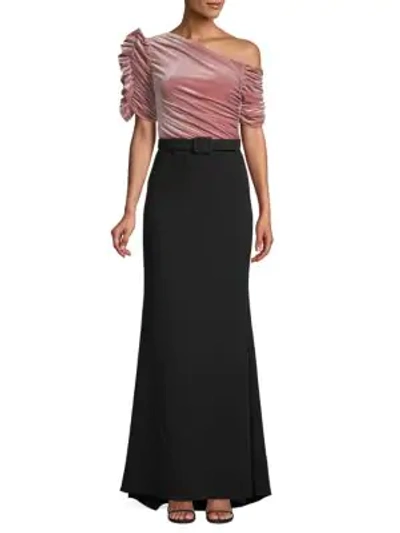 Badgley Mischka Off-the-shoulder Ruched Velvet-paneled Cady Gown In Blush Black