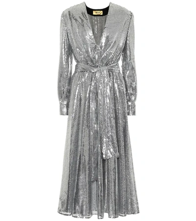 Msgm Belted Sequined Tulle Midi Dress In Silver