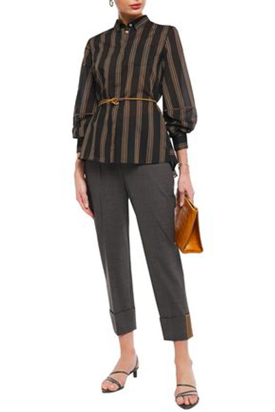 Brunello Cucinelli Belted Bead-embellished Striped Cotton And Silk-blend Shirt In Black