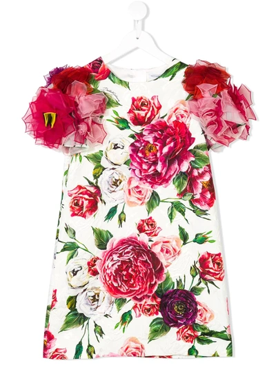 Dolce & Gabbana Kids' Embellished Rose-print Dress In White