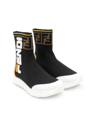 Fendi Kids' Logo Colour-block Sneaker Boots In Black