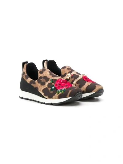 Dolce & Gabbana Kids' Leopard Print Slip-on Sneakers In Brown