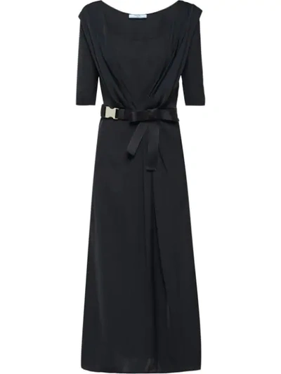 Prada Belted Leather-trimmed Cady Midi Dress In Black