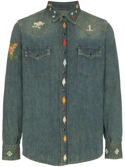 Saint Laurent Embroidered Denim Fitted Shirt In Blue