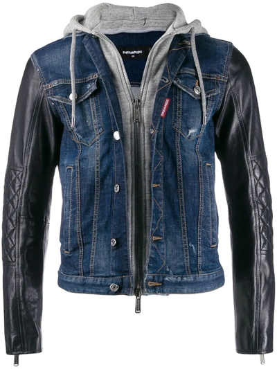 Dsquared2 Hooded Material Mix Denim Jacket In Blue