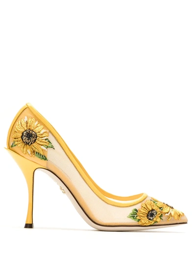 Dolce & Gabbana Sunflower Embroidery Mesh Pumps In Yellow