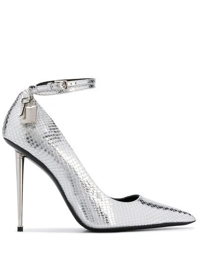 Tom Ford Laminated Python Padlock Pumps In Silver